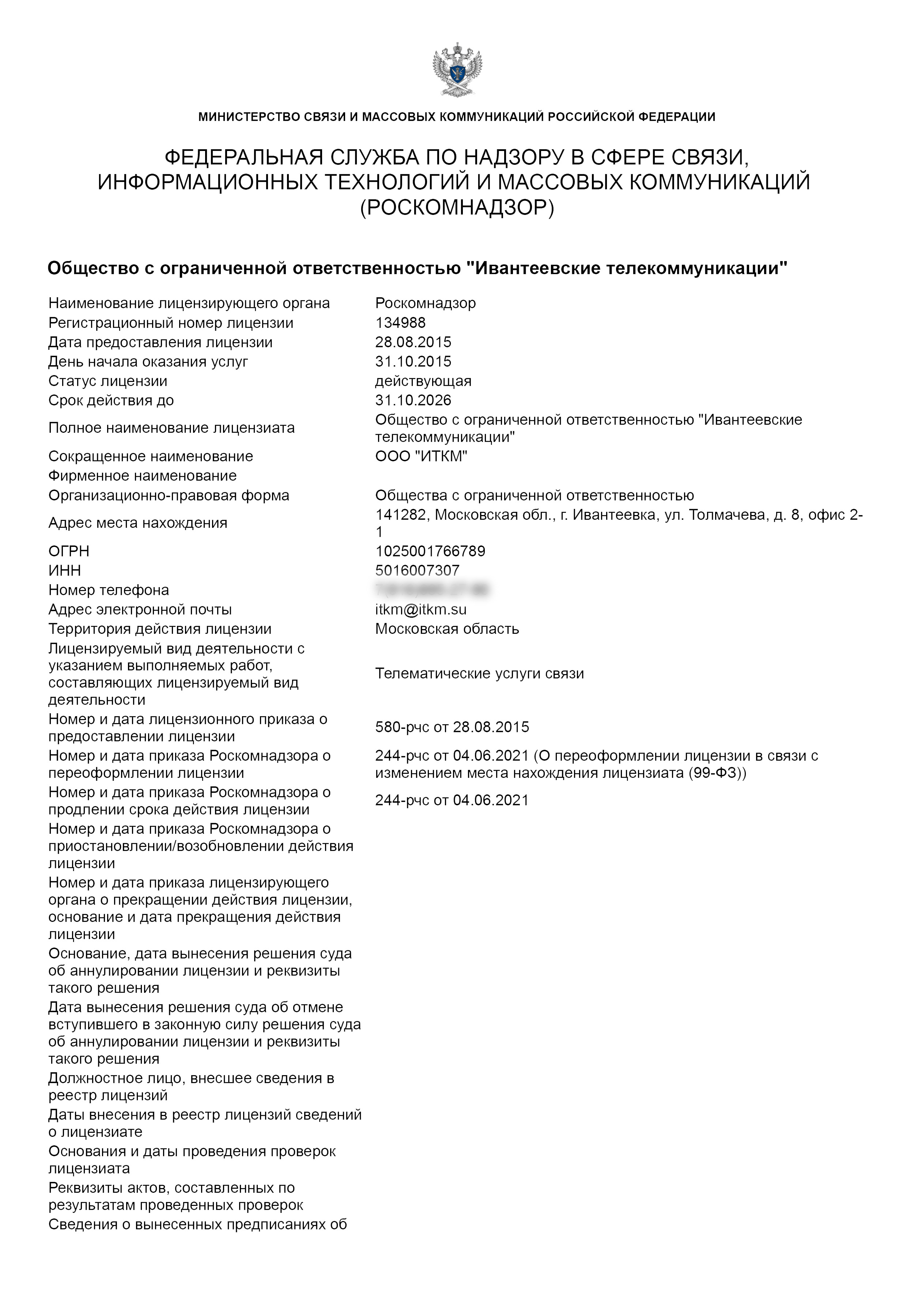 Роскомнадзор - Реестр лицензий в области связи